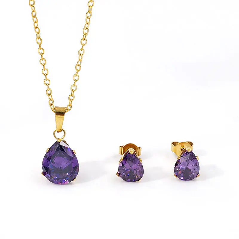Waterdrop Multi-Color Zircon Birthstone Necklace and Earrings Sets