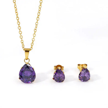 Waterdrop Multi-Color Zircon Birthstone Necklace and Earrings Sets