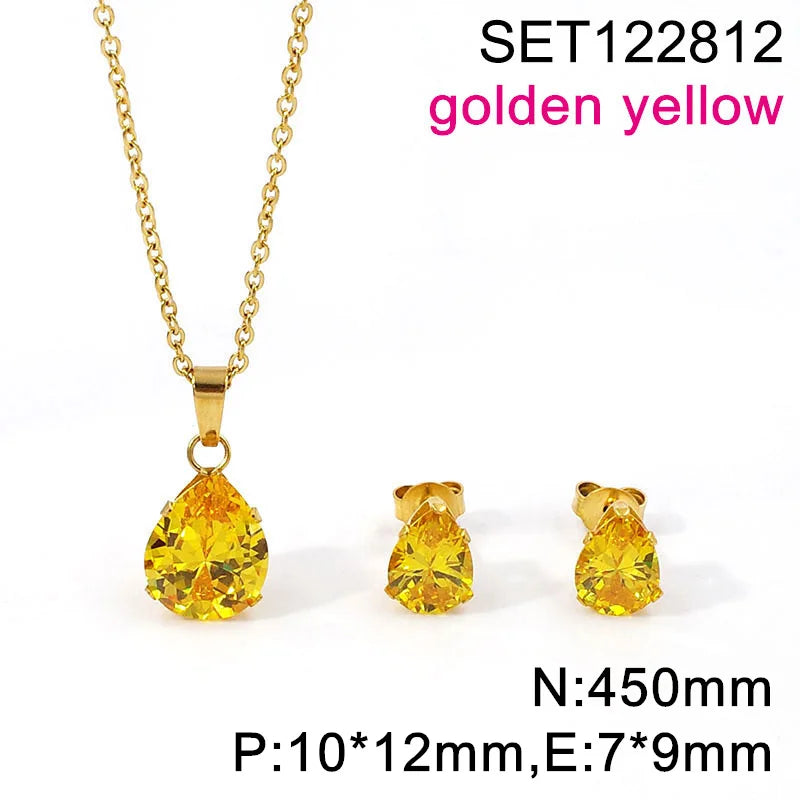 Waterdrop Multi-Color Zircon Birthstone Necklace and Earrings Sets