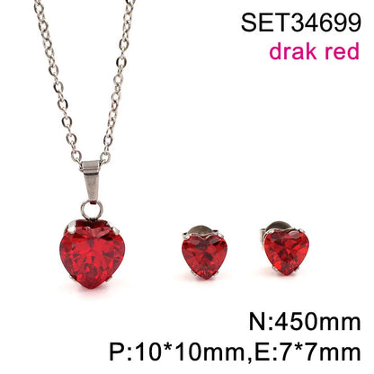 Non Tarnish Waterproof Love Heart Cubic Zirconia Necklace Earrings Sets
