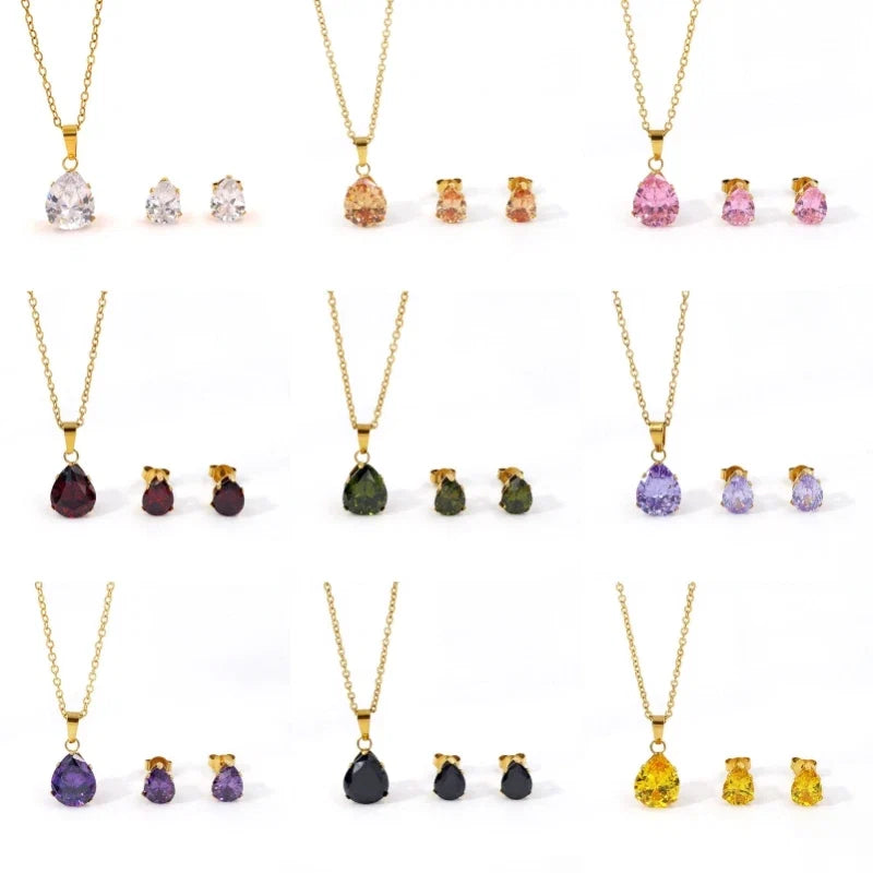 Waterdrop Multi-Color Zircon Birthstone Necklace and Earrings Sets