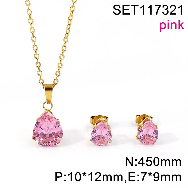 Waterdrop Multi-Color Zircon Birthstone Necklace and Earrings Sets