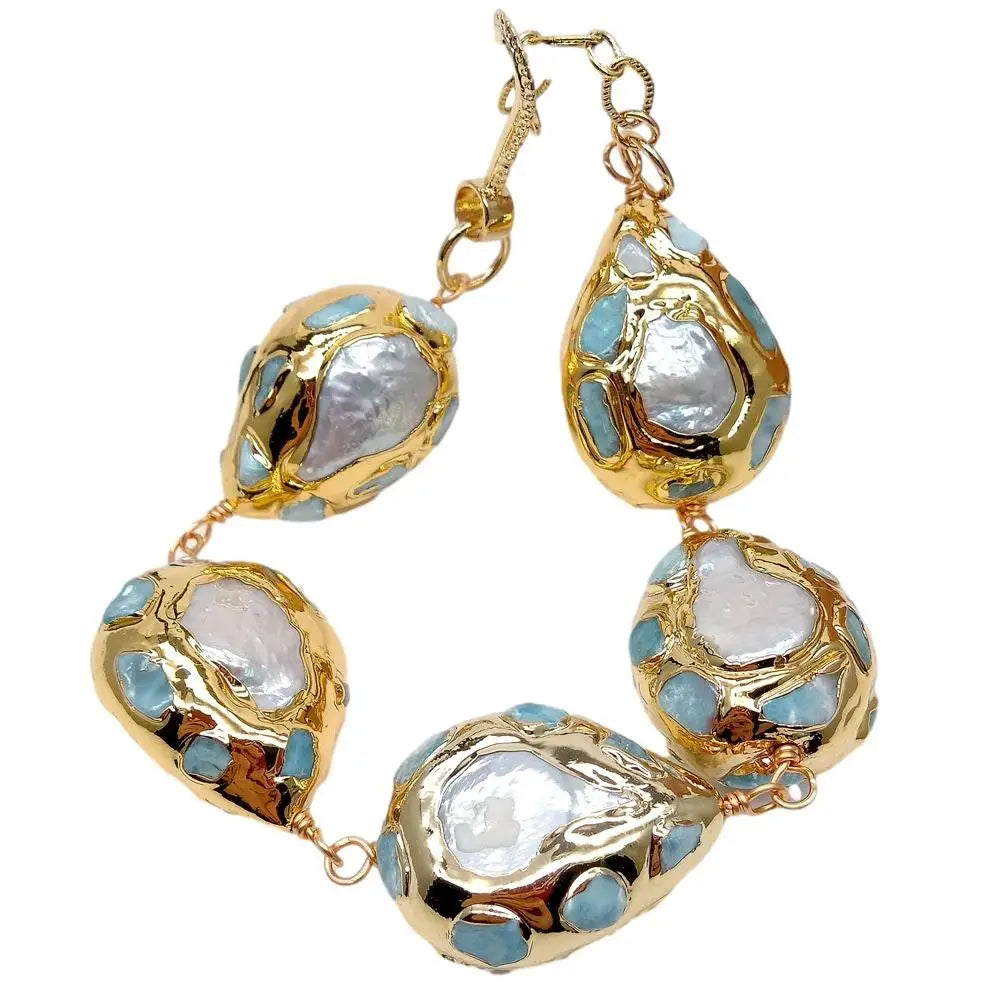 Blue Larimar with Freshwater Pearls Wrap Bracelet