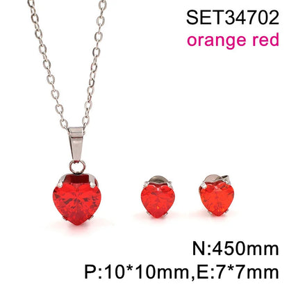 Non Tarnish Waterproof Love Heart Cubic Zirconia Necklace Earrings Sets