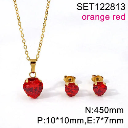 Non Tarnish Waterproof Love Heart Cubic Zirconia Necklace Earrings Sets