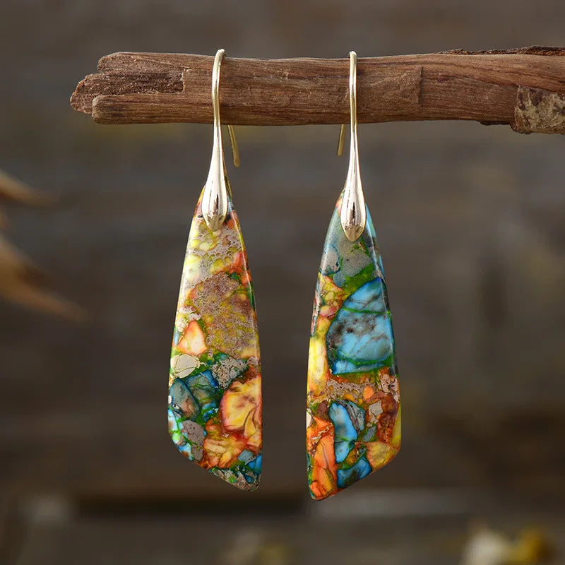 Silver Plated Geometric Gemstone Jasper Earrings