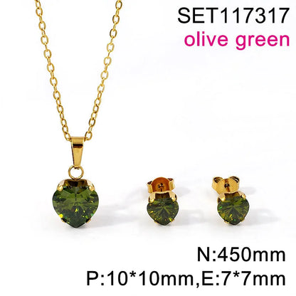 Non Tarnish Waterproof Love Heart Cubic Zirconia Necklace Earrings Sets