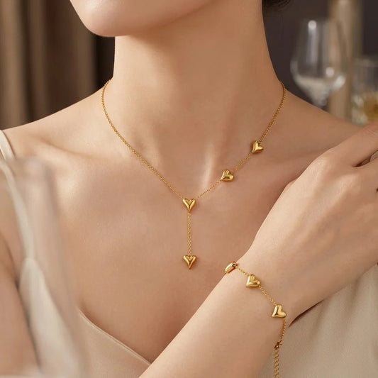 18K Gold Plated Heart Chain & Bracelet Set