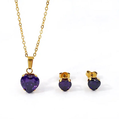 Non Tarnish Waterproof Love Heart Cubic Zirconia Necklace Earrings Sets