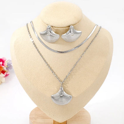 18K Gold Plated Diamond Shell Layered Chain Necklace Earrings Set