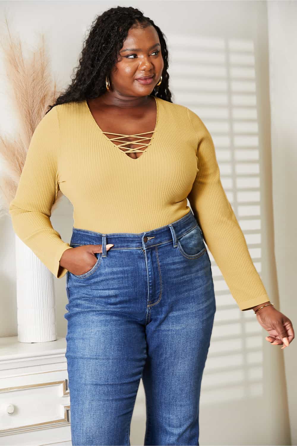 HEYSON All About Details Full Size Ribbed Bodysuit Banana Yellow
