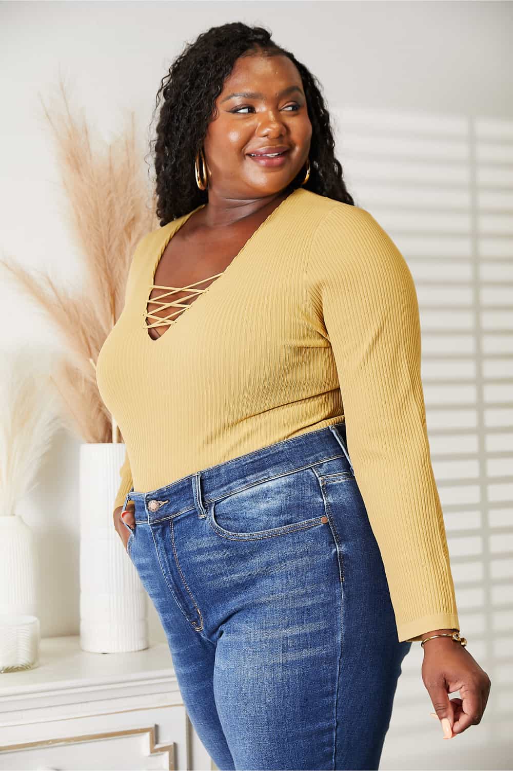 HEYSON All About Details Full Size Ribbed Bodysuit Banana Yellow