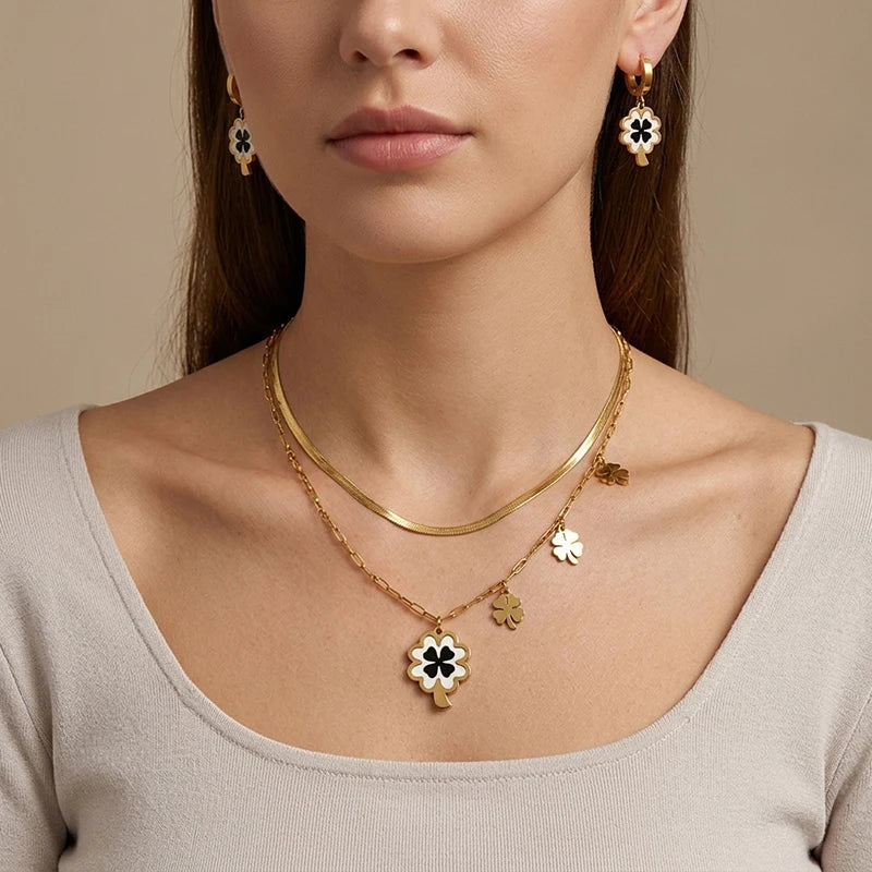 Flower Enamel Heart Charms Layered Chain and Earrings Set