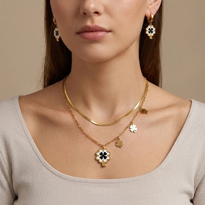 Flower Enamel Heart Charms Layered Chain and Earrings Set