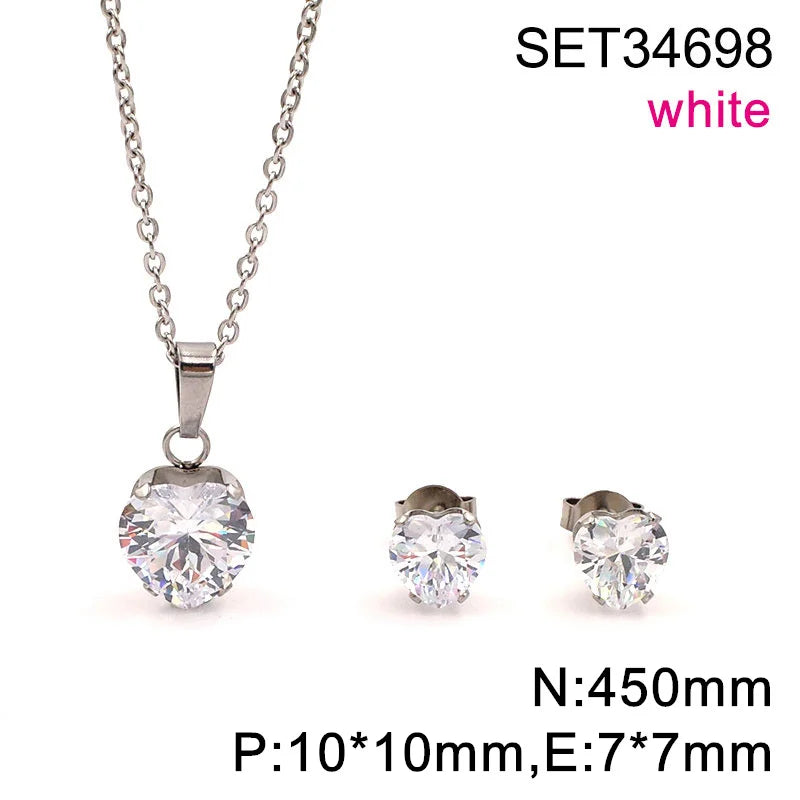 Non Tarnish Waterproof Love Heart Cubic Zirconia Necklace Earrings Sets
