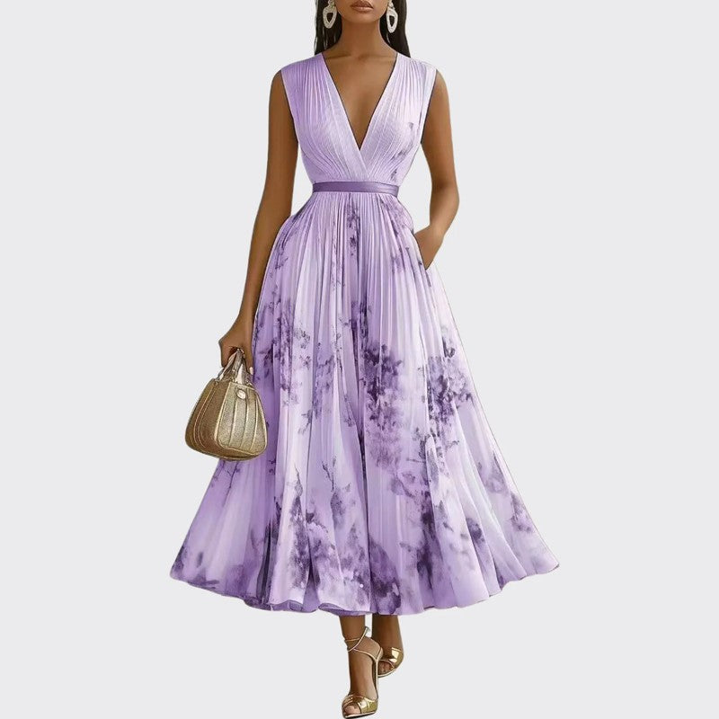 Hannah - Women's Pleated Midi Dress with Floral Print