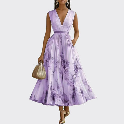 Hannah - Women's Pleated Midi Dress with Floral Print