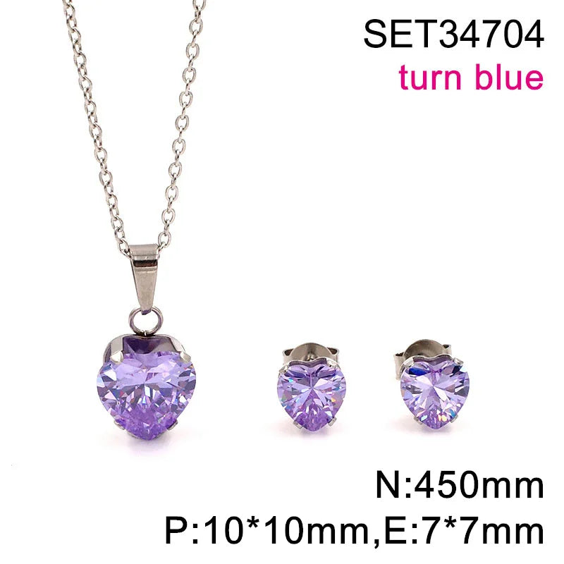 Non Tarnish Waterproof Love Heart Cubic Zirconia Necklace Earrings Sets
