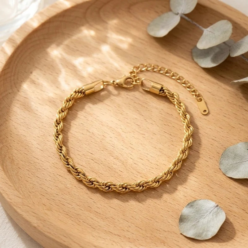Classic Chain Link Twisted Rope Bracelet 18K Gold Plated Waterproof