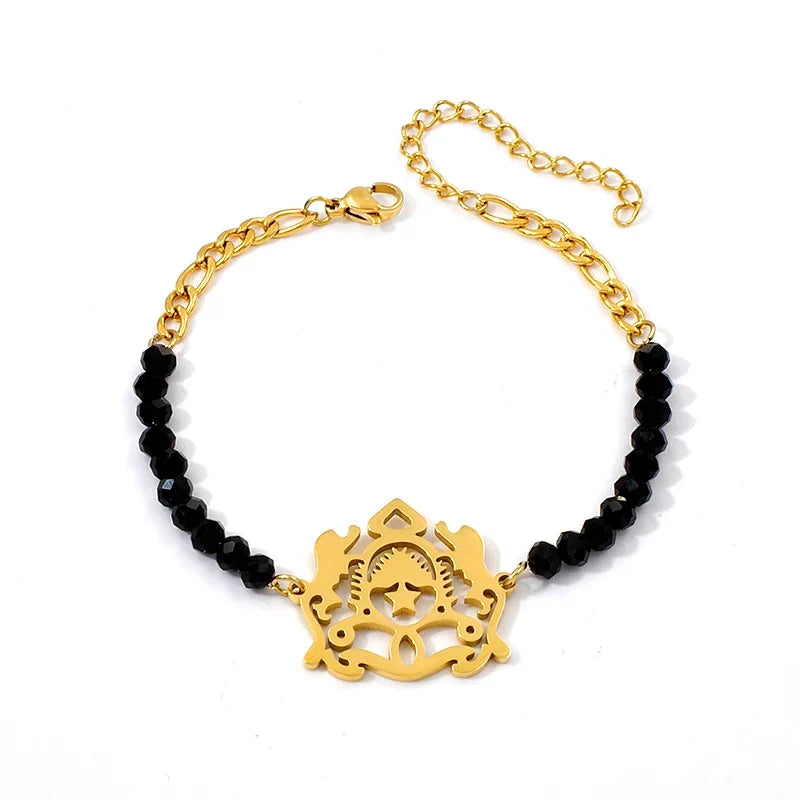 Black Bead 18K Gold Plated Emblem Necklace & Bracelet