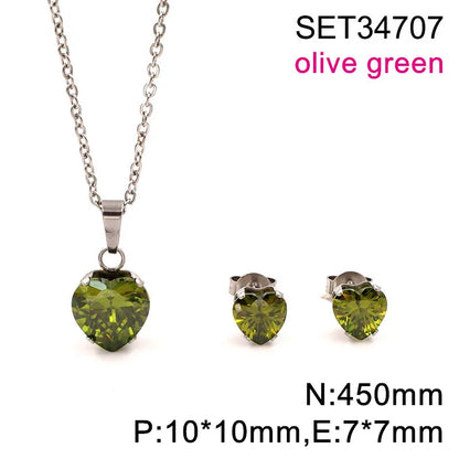 Non Tarnish Waterproof Love Heart Cubic Zirconia Necklace Earrings Sets