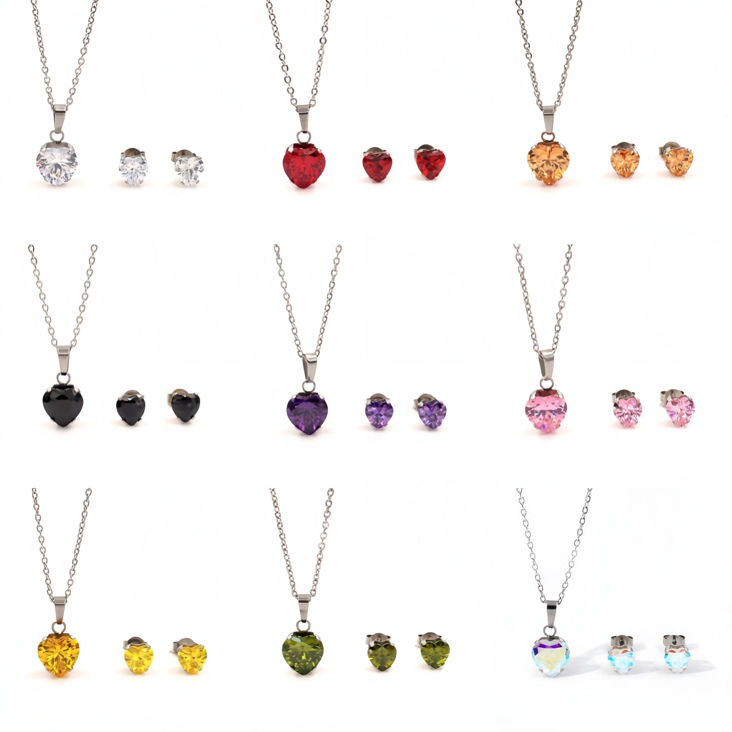 Non Tarnish Waterproof Love Heart Cubic Zirconia Necklace Earrings Sets