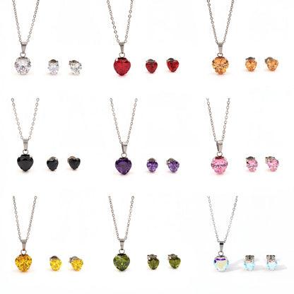 Non Tarnish Waterproof Love Heart Cubic Zirconia Necklace Earrings Sets
