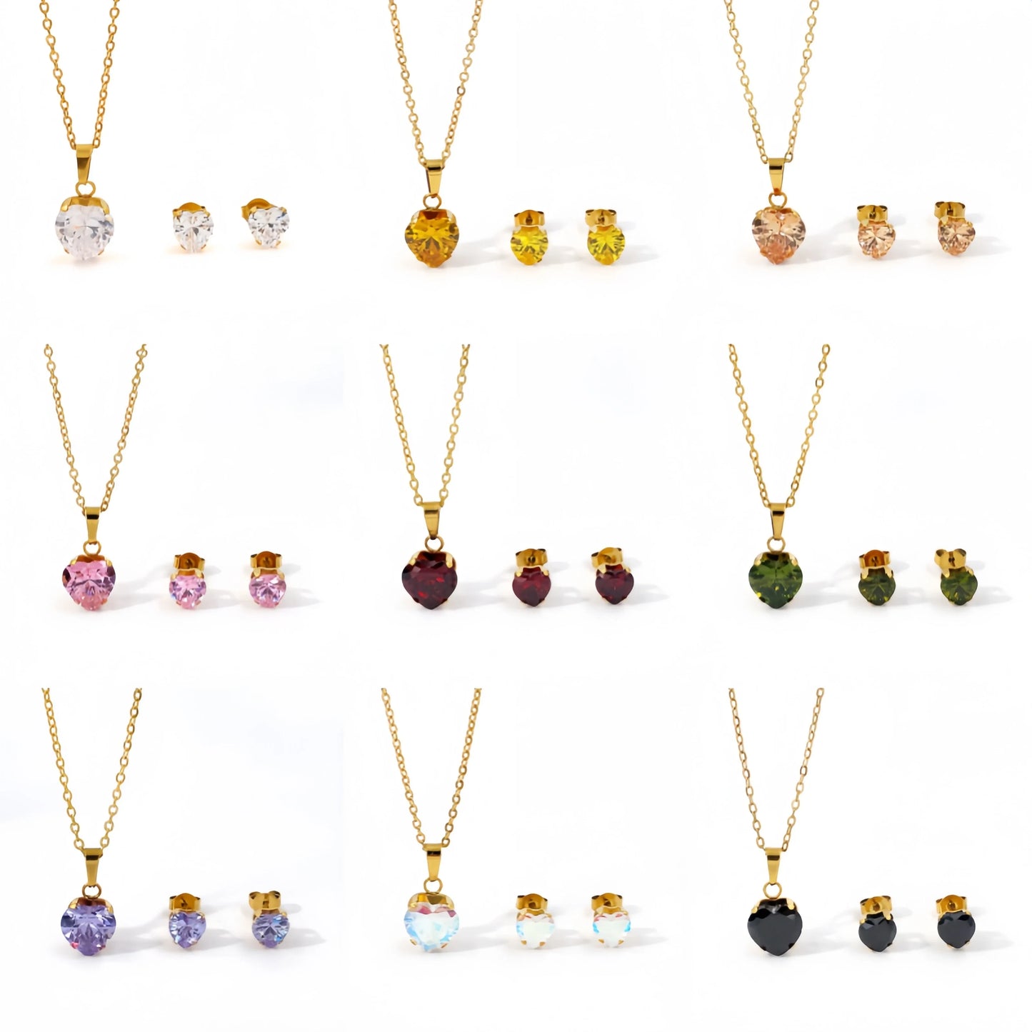 Non Tarnish Waterproof Love Heart Cubic Zirconia Necklace Earrings Sets
