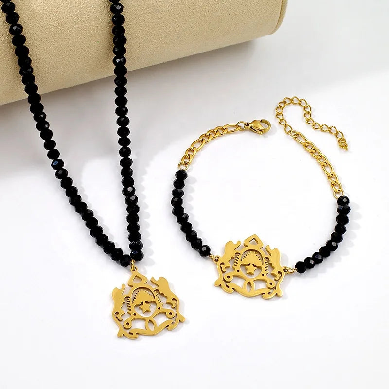 Black Bead 18K Gold Plated Emblem Necklace & Bracelet