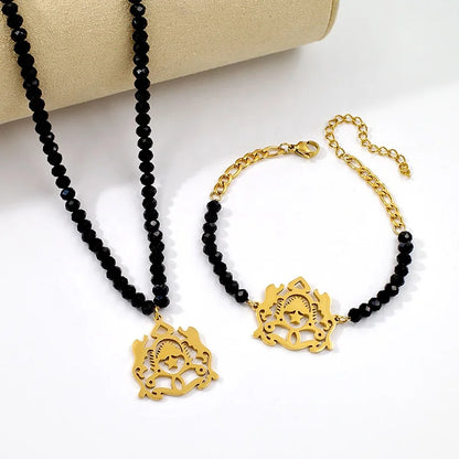 Black Bead 18K Gold Plated Emblem Necklace & Bracelet