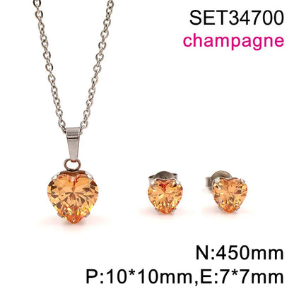 Non Tarnish Waterproof Love Heart Cubic Zirconia Necklace Earrings Sets