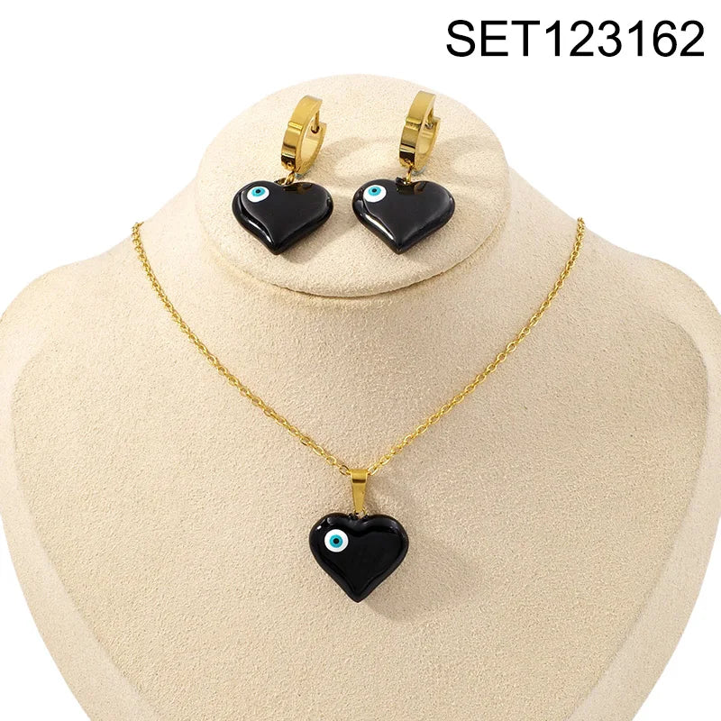 Flower Enamel Heart Charms Layered Chain and Earrings Set