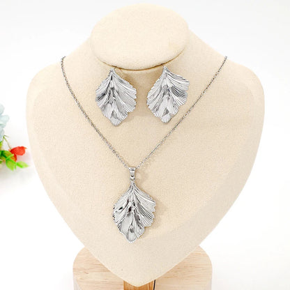 Leaf Pendant Link Chain Necklace and Earrings Sets