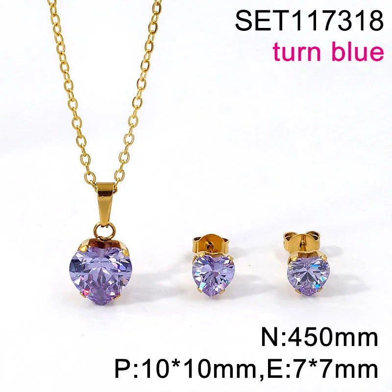 Non Tarnish Waterproof Love Heart Cubic Zirconia Necklace Earrings Sets
