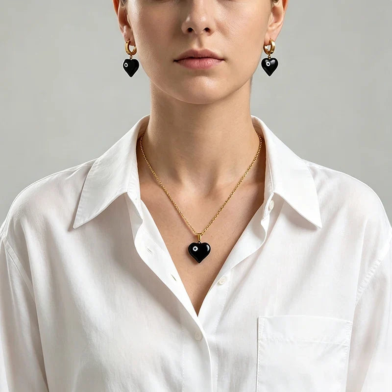 Flower Enamel Heart Charms Layered Chain and Earrings Set
