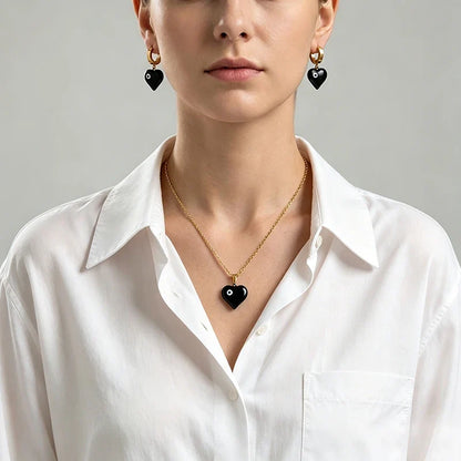 Flower Enamel Heart Charms Layered Chain and Earrings Set