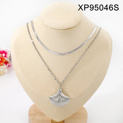 18K Gold Plated Diamond Shell Layered Chain Necklace Earrings Set