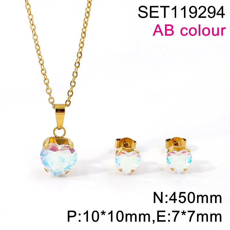Non Tarnish Waterproof Love Heart Cubic Zirconia Necklace Earrings Sets