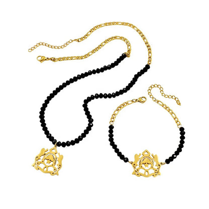 Black Bead 18K Gold Plated Emblem Necklace & Bracelet