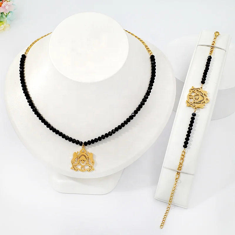 Black Bead 18K Gold Plated Emblem Necklace & Bracelet