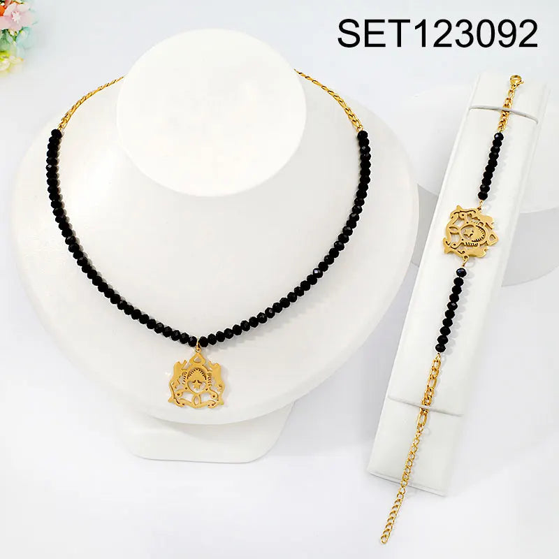 Black Bead 18K Gold Plated Emblem Necklace & Bracelet