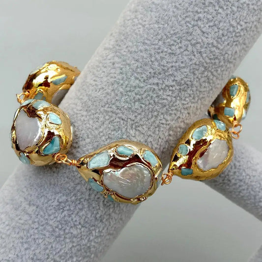 Blue Larimar with Freshwater Pearls Wrap Bracelet