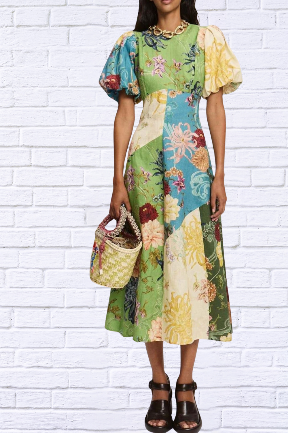 Printed Round Neck Puff Sleeve Dress