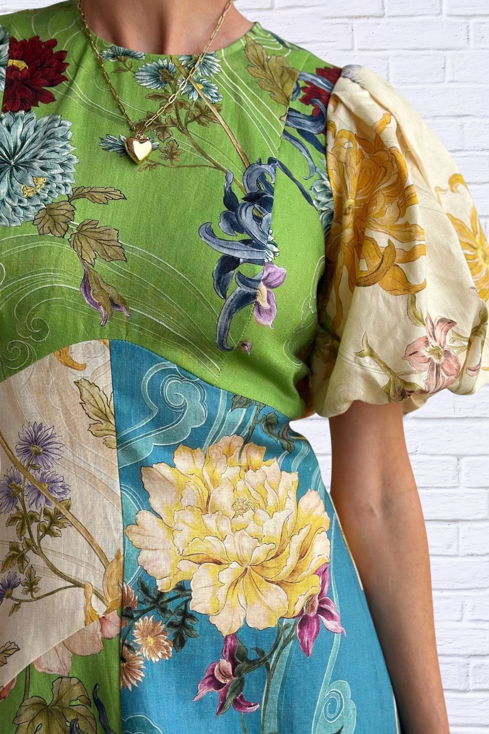 Printed Round Neck Puff Sleeve Dress