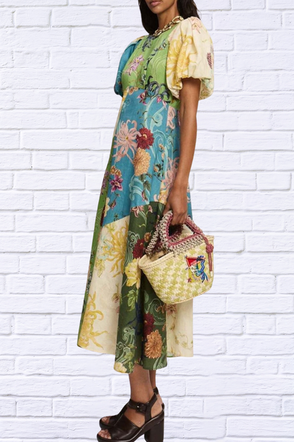 Printed Round Neck Puff Sleeve Dress