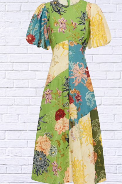 Printed Round Neck Puff Sleeve Dress