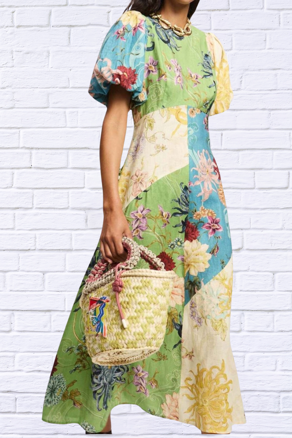 Printed Round Neck Puff Sleeve Dress