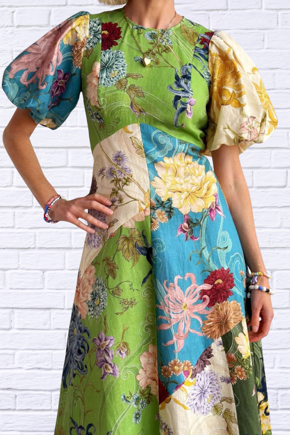 Printed Round Neck Puff Sleeve Dress