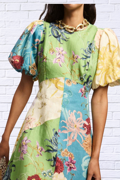 Printed Round Neck Puff Sleeve Dress