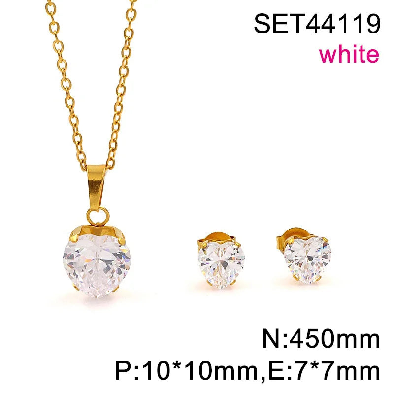 Non Tarnish Waterproof Love Heart Cubic Zirconia Necklace Earrings Sets